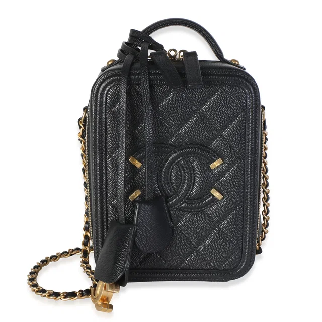 Chanel Black Quilted Caviar North South Filigree Vanity Case in Black Caviar leather from myGemma