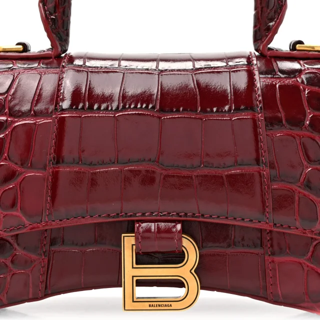 Balenciaga Shiny Calfskin Crocodile Embossed Hourglass Top Handle Bag XS Dark Red in Red Calfskin from FASHIONPHILE, photo 8 of 12