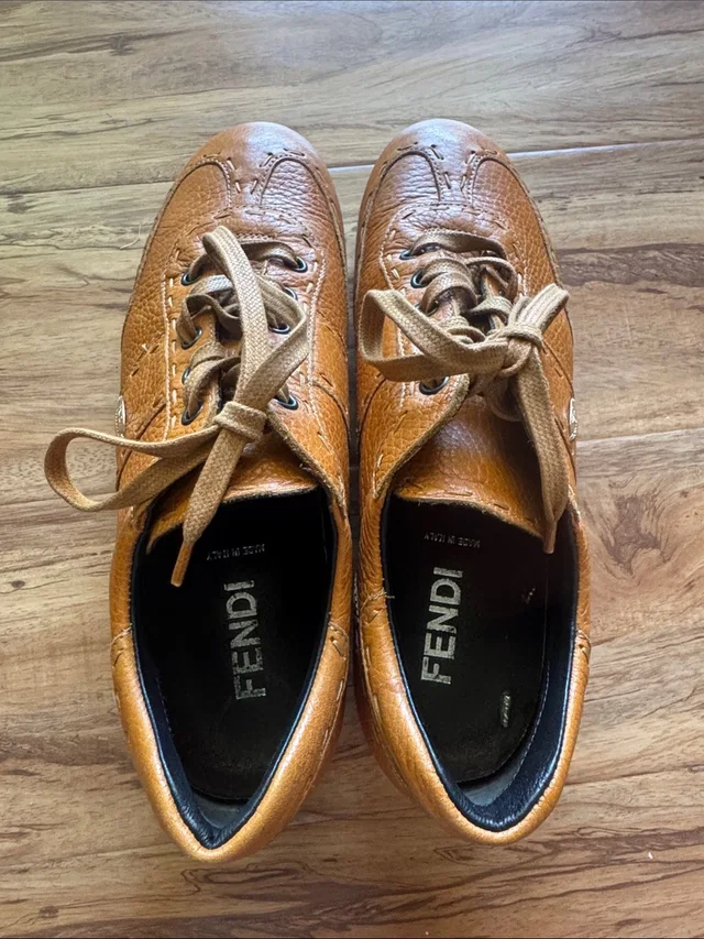 Fendi Selleria Tan Pebble-Grain Leather Sneakers in brown|red|neutral Leather from Poshmark