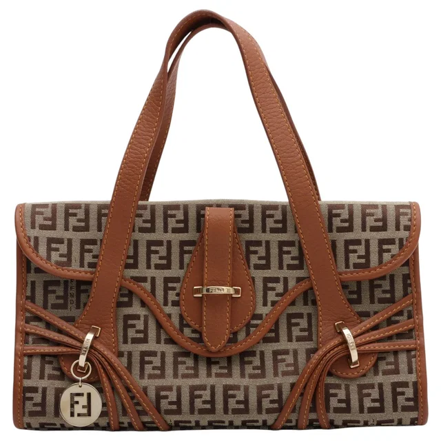 Fendi FF Zucchino Pattern Logo Charm Handbag Beige/Brown in Brown Canvas from VINTAGE QOO TOKYO