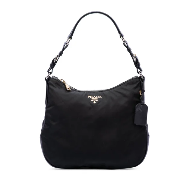 Black Prada Saffiano Trimmed Tessuto Shoulder Bag in Black Saffiano leather from Designer Revival