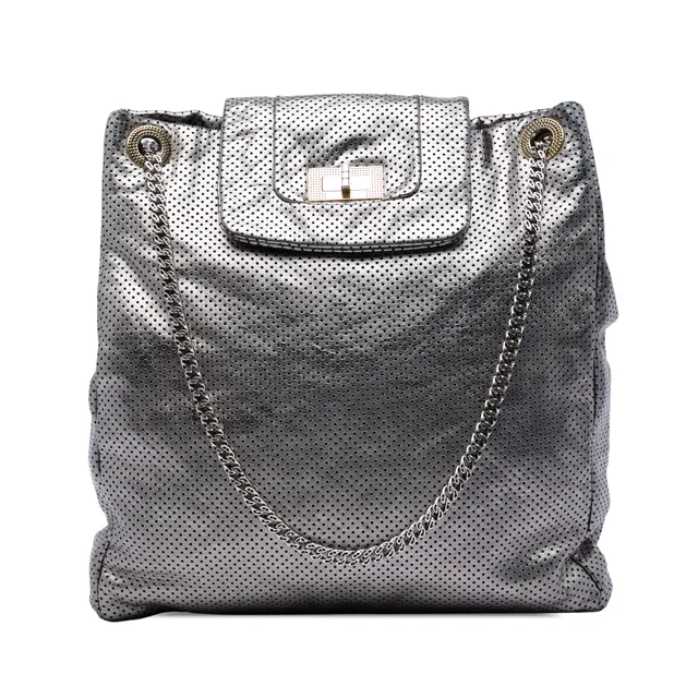 Silver Chanel Perforated Crackled Metallic Calfskin Drill Tote in Silver Calfskin from Designer Revival