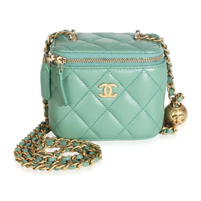 Chanel Green Quilted Lambskin Pearl Crush Mini Vanity Case With Chain in Green Lambskin from myGemma