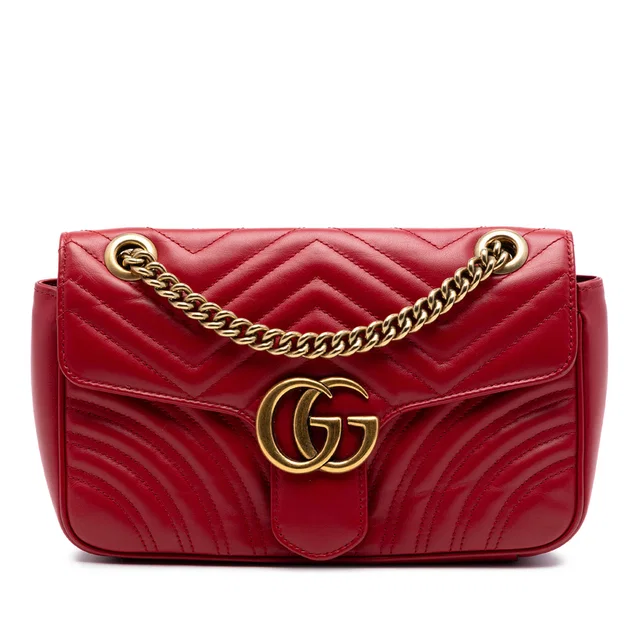Red Gucci Medium GG Marmont Matelasse Calfskin Shoulder Bag in Red Calfskin from Designer Revival