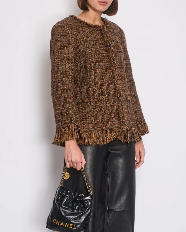 Chanel Brown, Black Checked Tweed Jacket with Frilled Hem and Cuff Details Size FR 46 (UK 18) in Black Tweed from Sellier