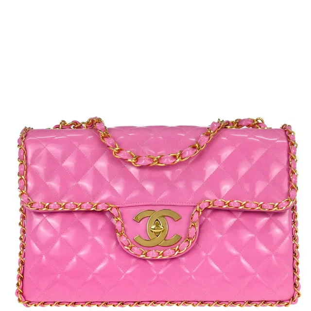 Chanel 1994-1996 Pink Patent Leather Maxi Classic Flap Shoulder Bag in Pink Patent leather from AMORE Vintage Tokyo