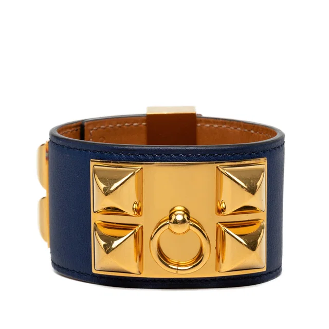 Blue Hermès Swift and Gold Plated Collier de Chien Bracelet in Blue Swift leather from Designer Revival