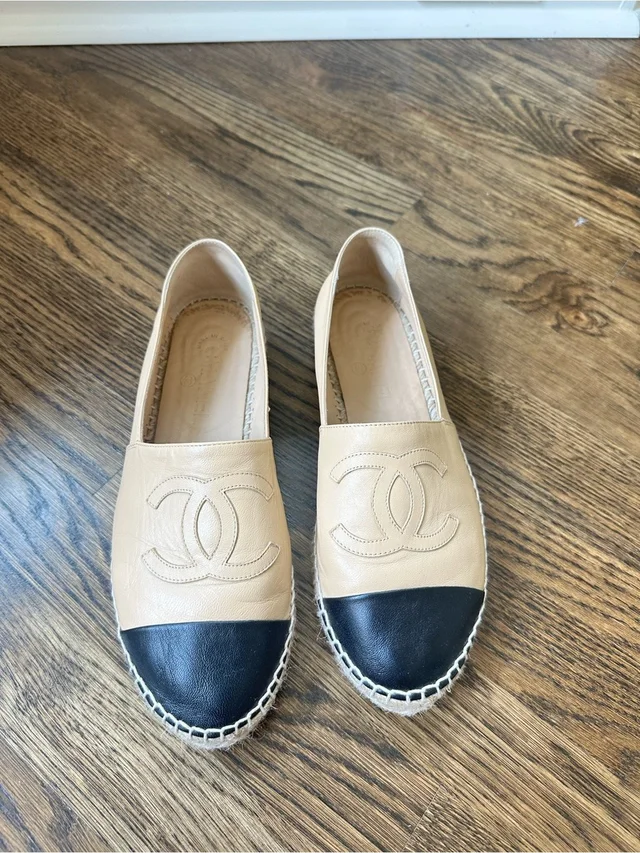 Chanel Beige And Black Leather Espadrille Flats, Size 39 in black|brown|neutral Leather from Poshmark