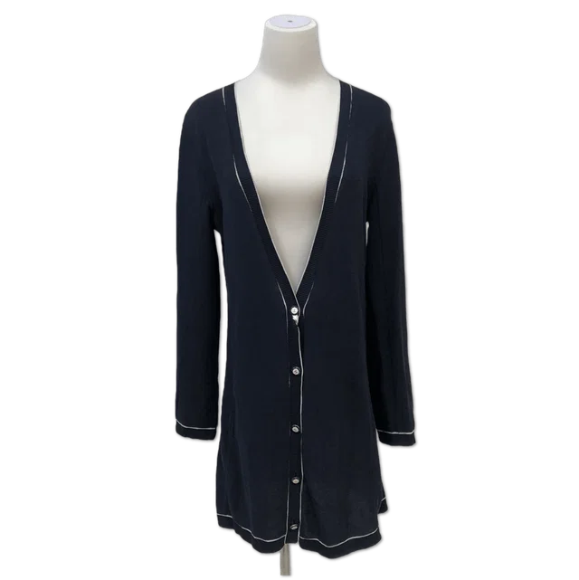 Chanel Navy Contrast-Trim Longline V-Neck Cardigan size 40 in Navy from Luxury Promise