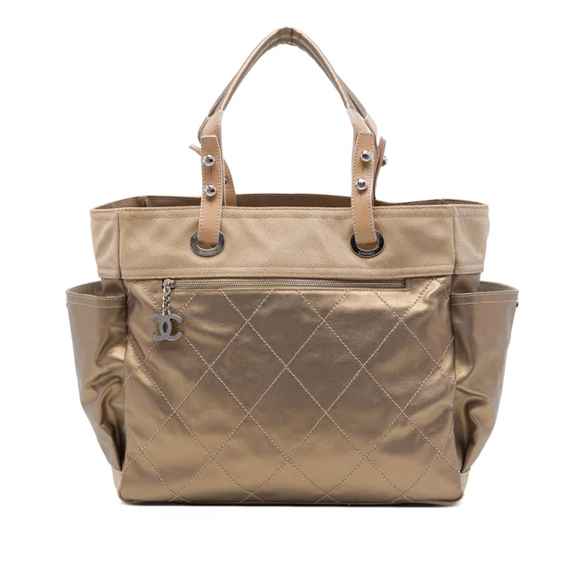 Gold Chanel Large Quilted Coated Canvas Paris Biarritz Tote in Gold Coated canvas from Designer Revival