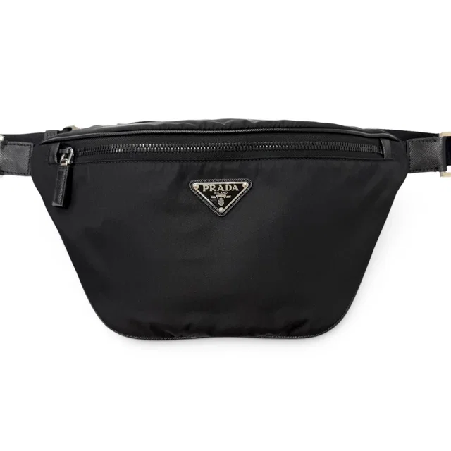 Prada Triangle Logo Re-Nylon Saffiano Leather Belt Bag Black in Black Saffiano leather from The Reluxe