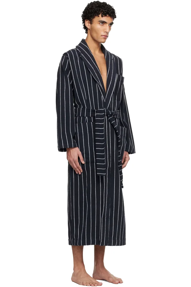 Tekla Navy & White Terry Classic Bathrobe, photo 2 of 4 from SSENSE