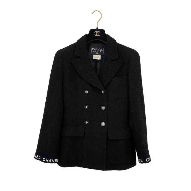 Chanel Vintage Logo Coco Button Jacket Black Wool 38 95A Rtw in Black Wool from Luxury Promise