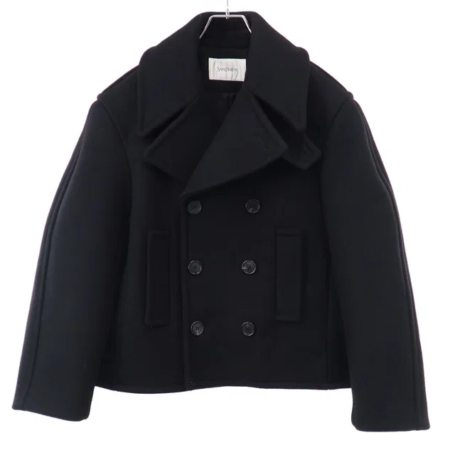 Saint Laurent Oversized Cropped Peacoat Black T1 Coat in Black Silk from The Reluxe