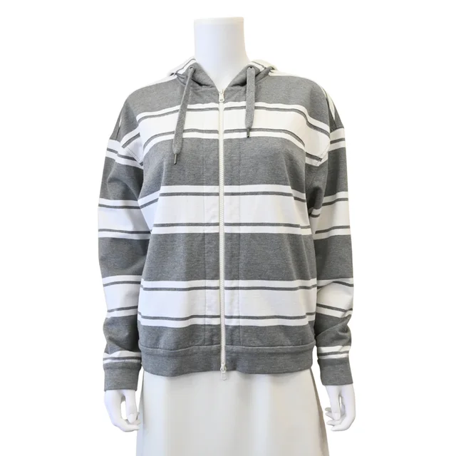 Brunello Cucinelli Gray & White Striped Full Zip Hooded Jacket in White from Clotheshorse Anonymous