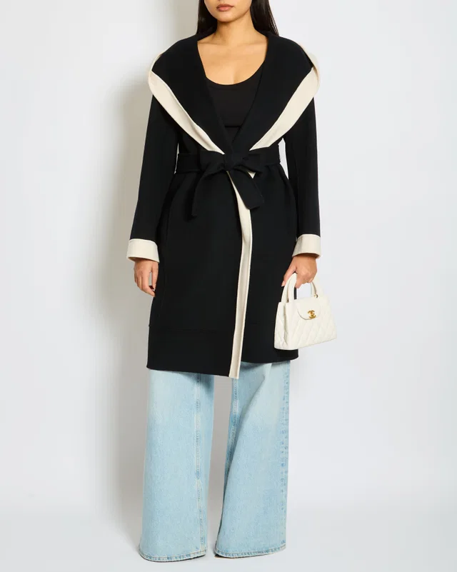 S Max Mara Black Hooded Wool Coat with Belt and White Trim Detail Size IT 40 (UK 8) in Black Wool from Sellier