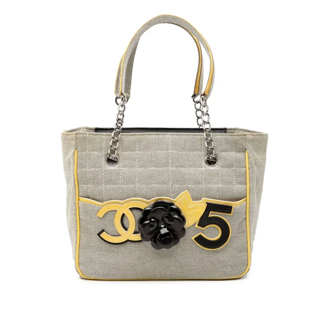 Gray Chanel CC Camellia No. 5 Choco Bar Canvas Tote in Grey Canvas from Designer Revival
