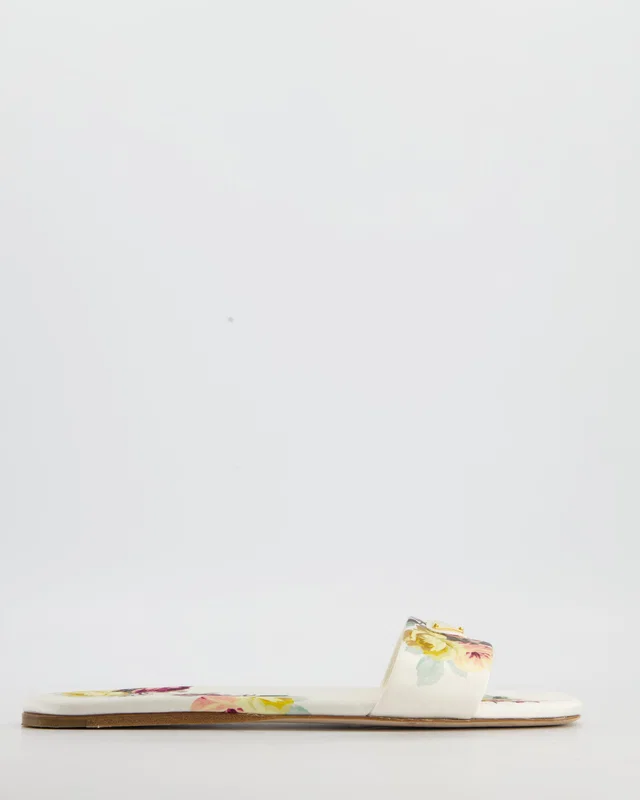 Prada Ivory Floral Satin Sandals with Plaque Logo Detail Size EU 37.5 in White Satin from Sellier