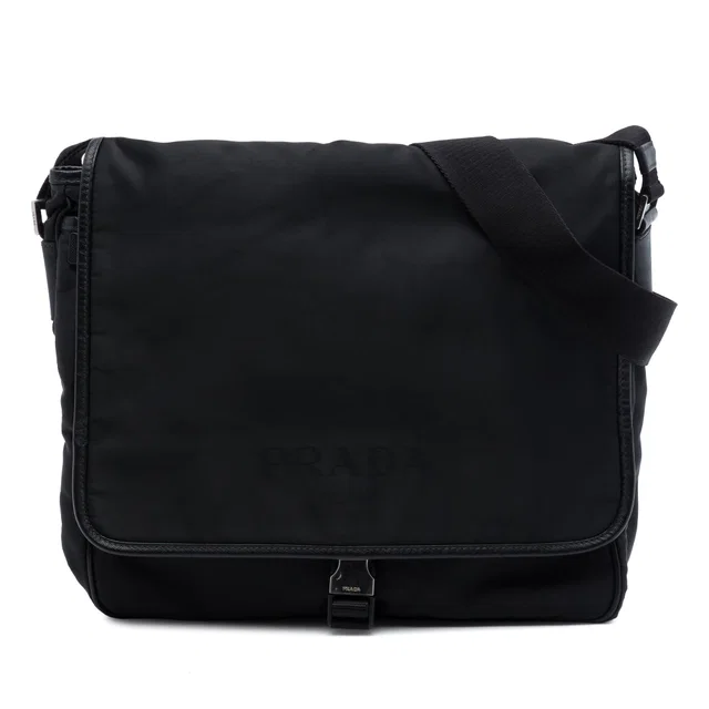 Black Prada Saffiano Trimmed Tessuto Buckle Messenger Bag in Black Saffiano leather from Designer Revival