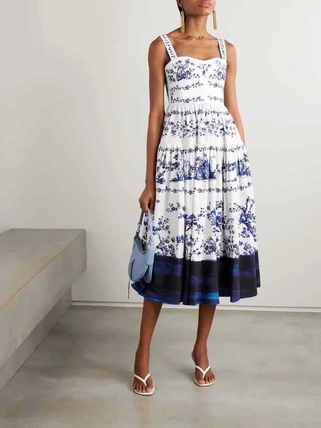 ERDEM Tiered floral-print cotton-poplin midi dress in Blue, photo 2 of 2 from NET-A-PORTER (Canada)