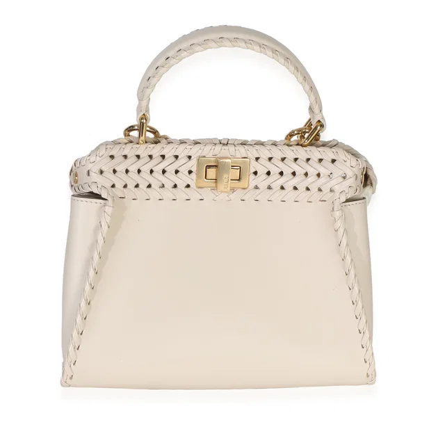 Fendi Cream Vitello King Interlace Mini Peekaboo Iconic Satchel Neutral Leather Handbag in White Leather from HEWI