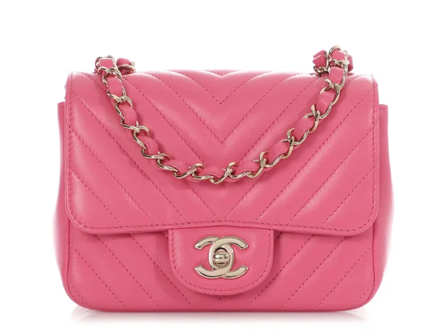 Chanel Mini Pink Chevron-Quilted Lambskin Classic in Pink Lambskin from Ann's Fabulous Finds