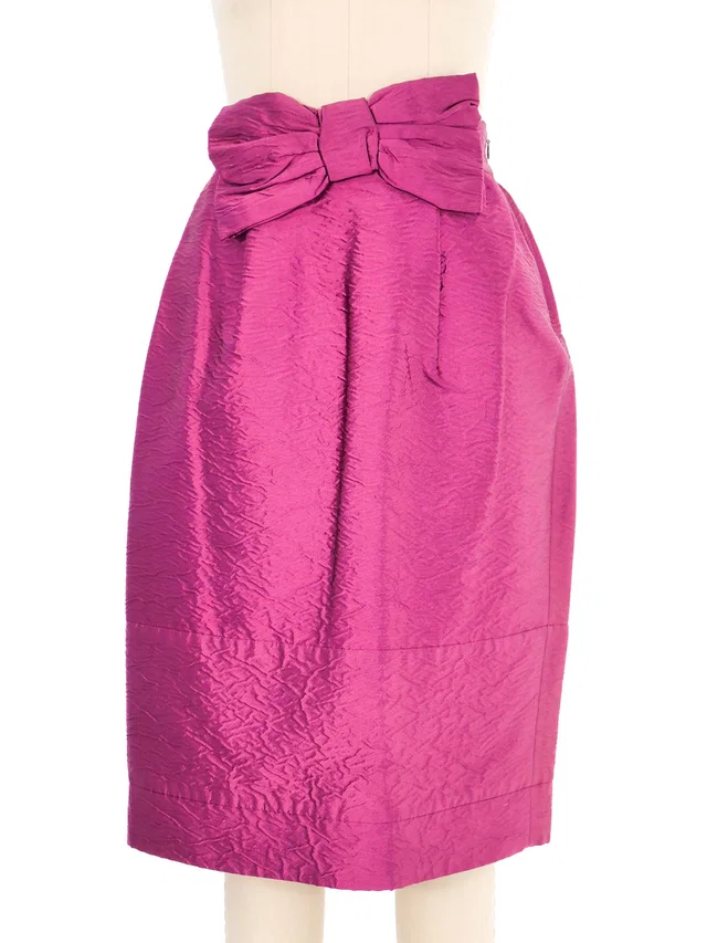 Prada Metallic Magenta Bow Skirt in Silk from Arcade Vintage