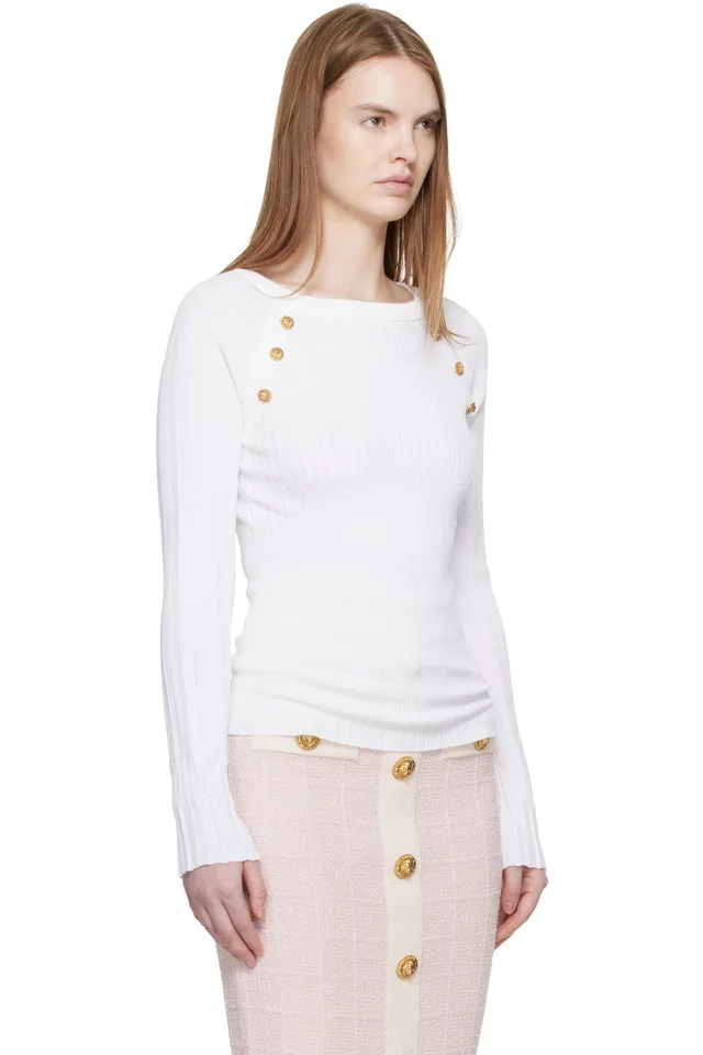 BALMAIN White Knit Buttons Sweater, photo 2 of 4 from SSENSE
