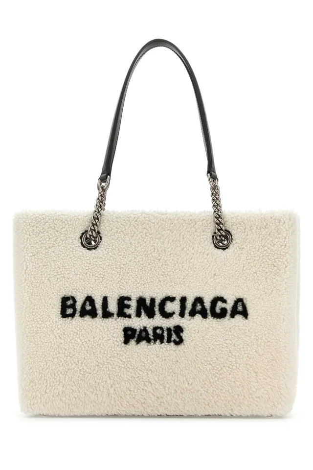 Balenciaga Shearling Logo Tote Bag — White in White Leather from HEWI