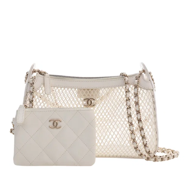 White Chanel CC Mesh and Shiny Lambskin Clutch with Chain Shoulder Bag in White Lambskin from Designer Revival, photo 1 of 1