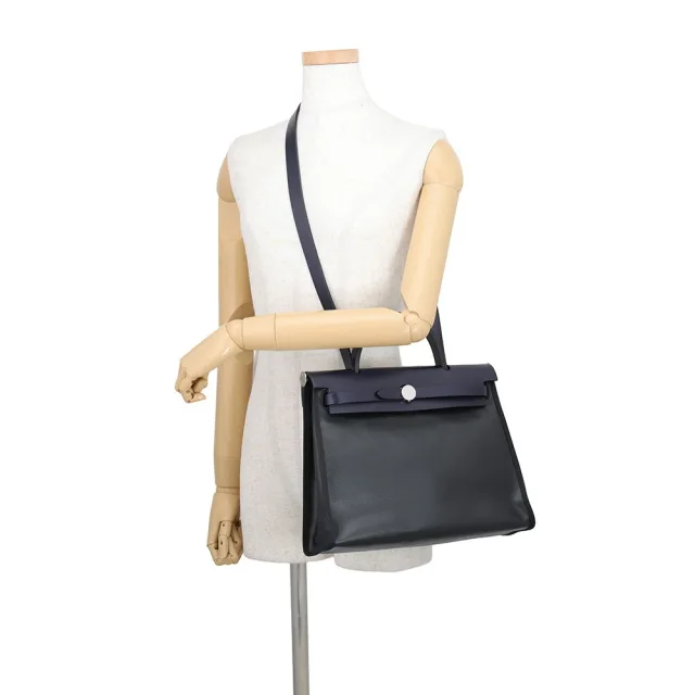 Hermès Herbag zip Blue Nuit/Black Toile HBerline Vache Hunter Leather Size PM in Black Leather from GALLERY RARE, photo 4 of 13
