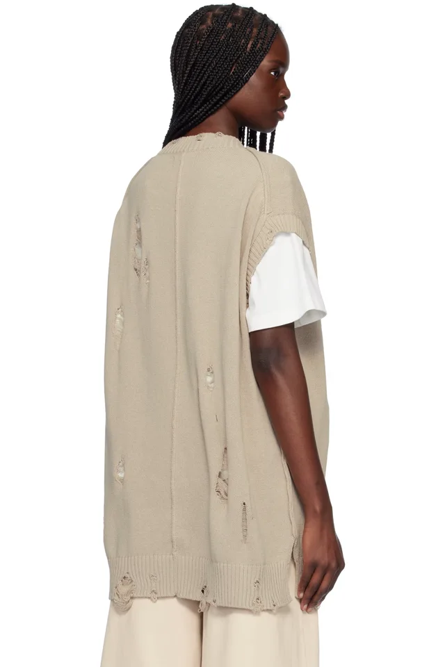 YOHJI YAMAMOTO Taupe 7G2P Jersey V Neck Vest, photo 3 of 4 from SSENSE