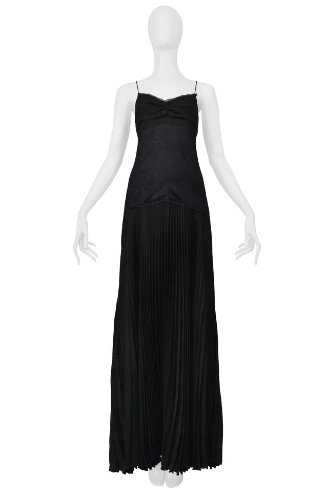 Valentino Garavani Black Lace Evening Gown With Pleated Skirt in Black Silk from Resurrection Vintage