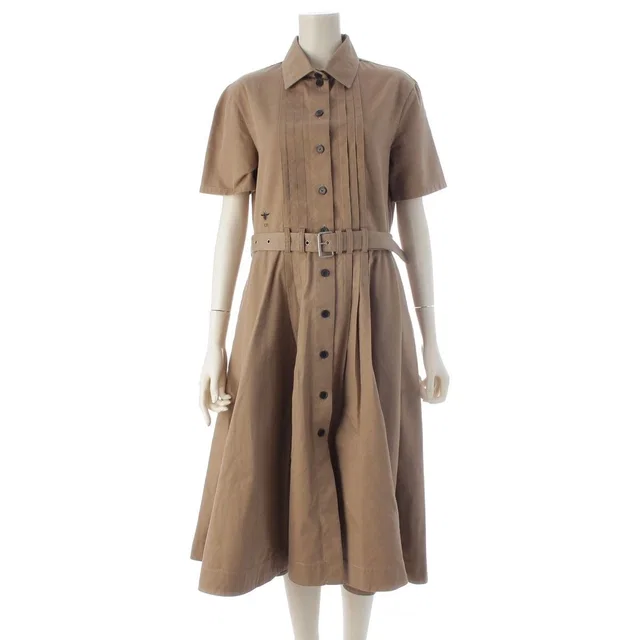 Dior Cotton Logo Belt Short Sleeve Dress Midi Beige 38 in Beige from The Reluxe