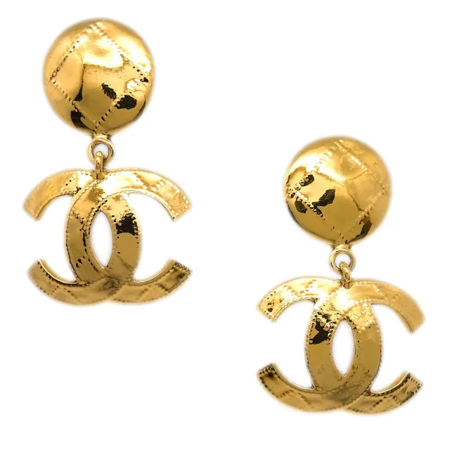 Chanel 1994 Quilted CC Dangle Earrings Clip-On Gold Small in Gold from AMORE Vintage Tokyo