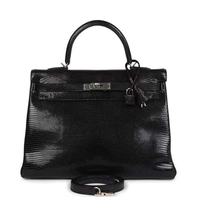 Hermès Kelly Retourne 35 Black Varanus Niloticus Lizard Palladium Hardware in Black Lizard from Madison Avenue Couture