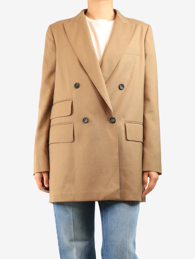 Max Mara Brown double breasted lightweight blazer - size UK 14 in Brown Silk from Sign of the Times