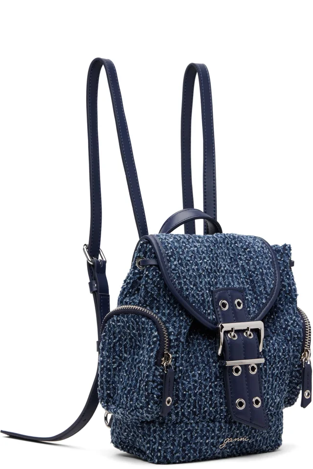 GANNI Blue Bucky Nano Tweed Denim Backpack, photo 2 of 4 from SSENSE