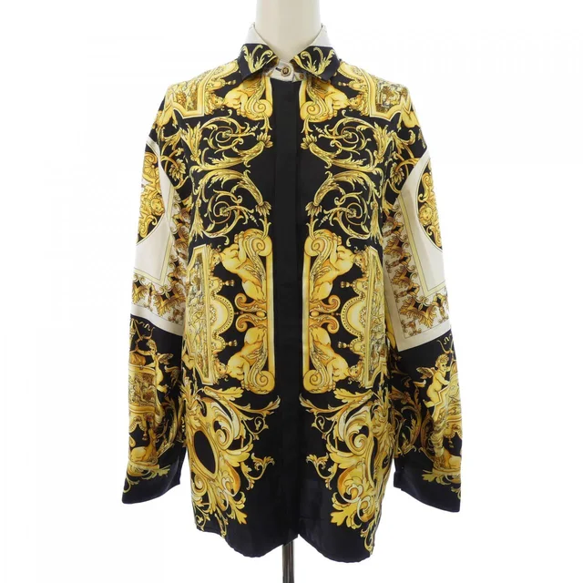 E Versace Shirt in Black, White, Yellow, Transparency 100% silk from KOMEHYO