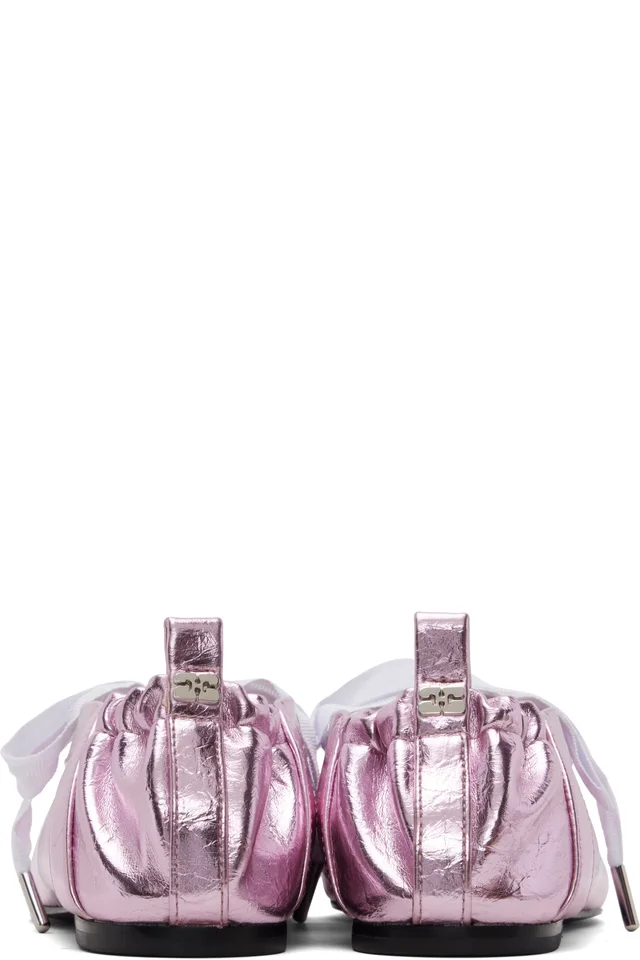 GANNI Pink Lace-Up Ballerina Flats, photo 2 of 5 from SSENSE