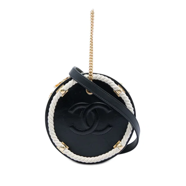 Black Chanel Crumpled Calfskin En Vogue Round Bag Satchel in Black Calfskin from Designer Revival