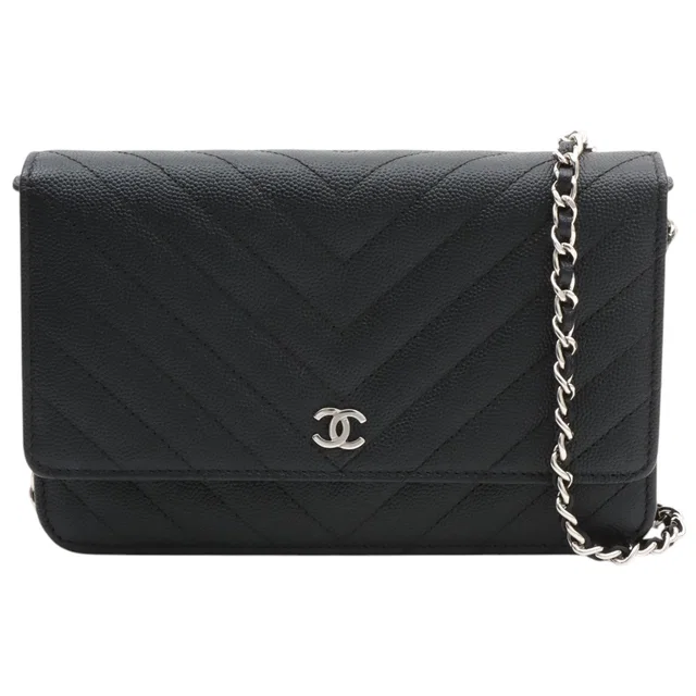 Chanel 2018 Caviar Skin Chevron Stitch CC Mark Plate Chain Wallet Black in Black Caviar leather from VINTAGE QOO TOKYO