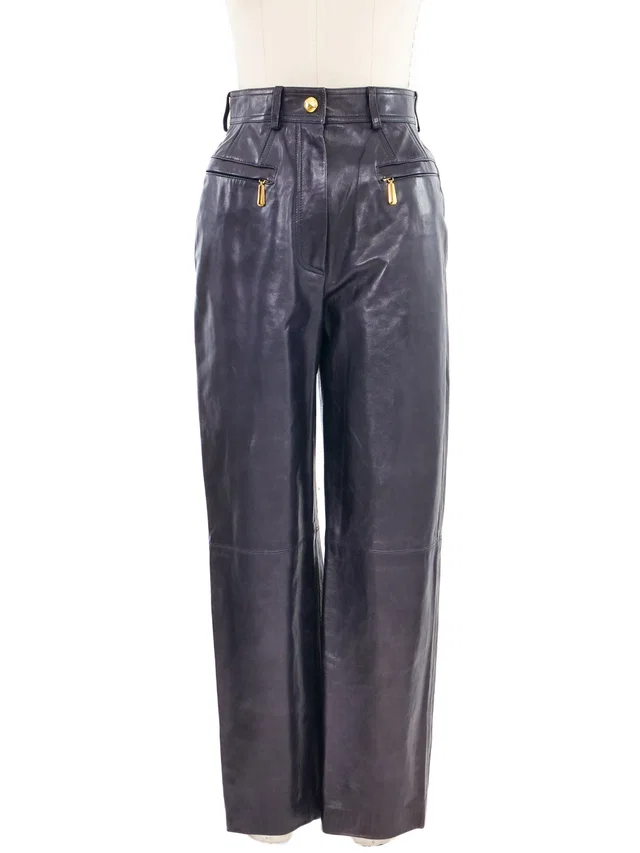 1980s Escada Midnight Blue Leather Trousers in Navy Leather from Arcade Vintage