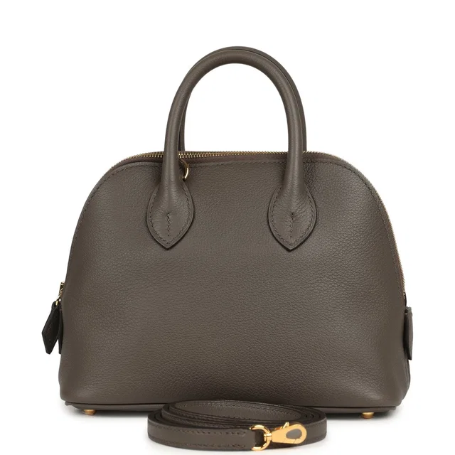 Hermès Mini 1923 Bolide Etain Evercolor Gold Hardware in Taupe Swift leather from Madison Avenue Couture