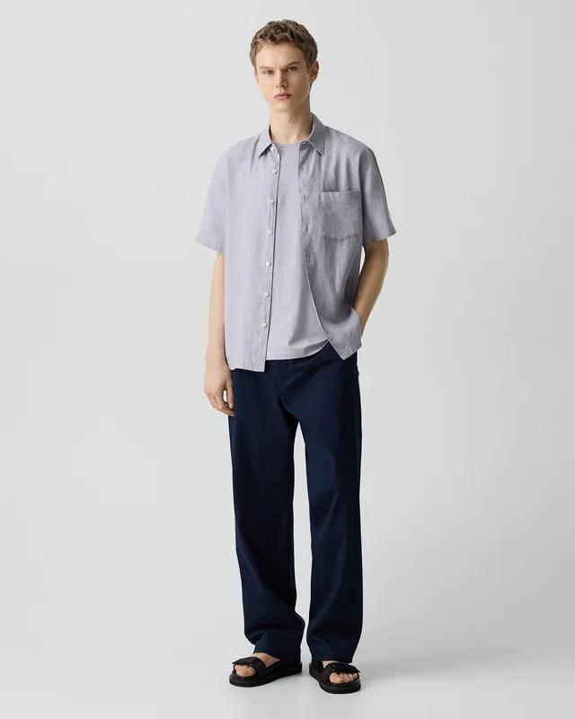 Theory Irving Short-Sleeve Shirt in Relaxed Linen in GRAY LILAC 100% Linen, photo 5 of 14 from Theory