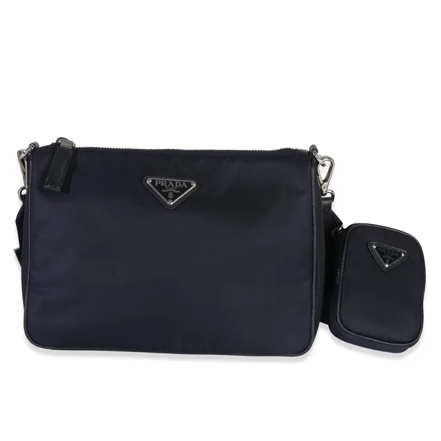 Prada Navy Re-Nylon & Saffiano Leather Trim Shoulder Bag Blue Handbag in Navy Saffiano leather from HEWI