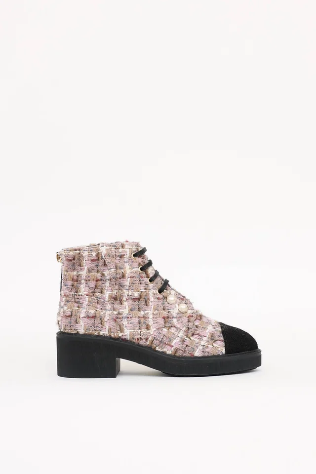 Chanel 2020 Tweed CC Combat Boot in Tweed from VSP Consignment