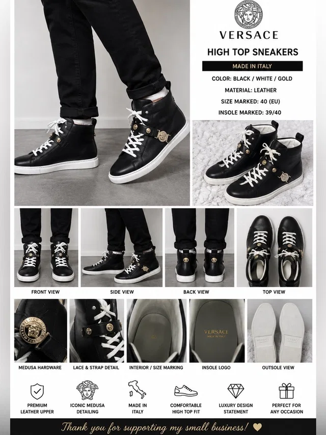 Versace Medusa High Top Sneakers Black Leather Gold Hardware Size 40 Made Italy in gold|black Leather from Poshmark