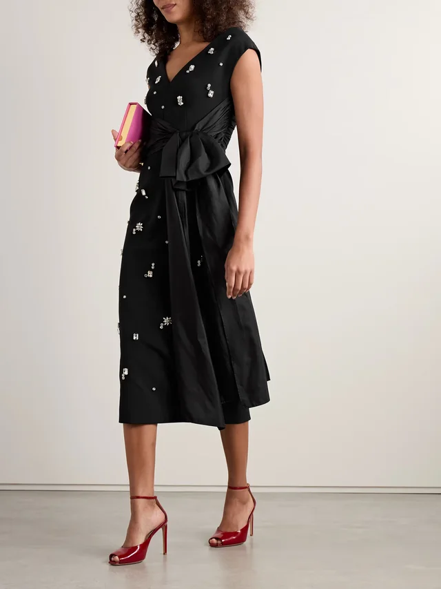 HUISHAN ZHANG Kinsley silk-taffeta trimmed crystal-embellished crepe midi dress in Black, photo 2 of 2 from NET-A-PORTER (Canada)