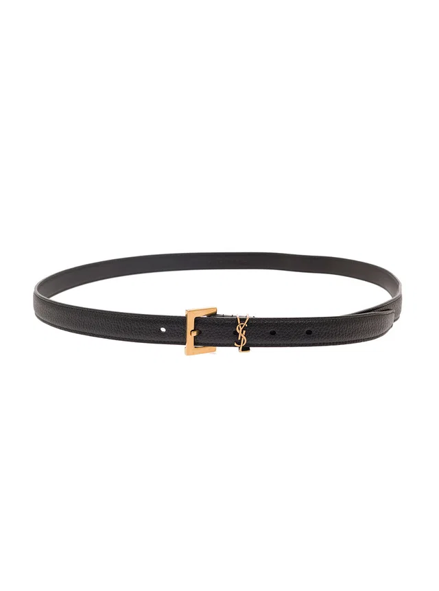 Saint Laurent Cassandre Buckle Calf Leather Belt — Black in Black Calfskin from HEWI
